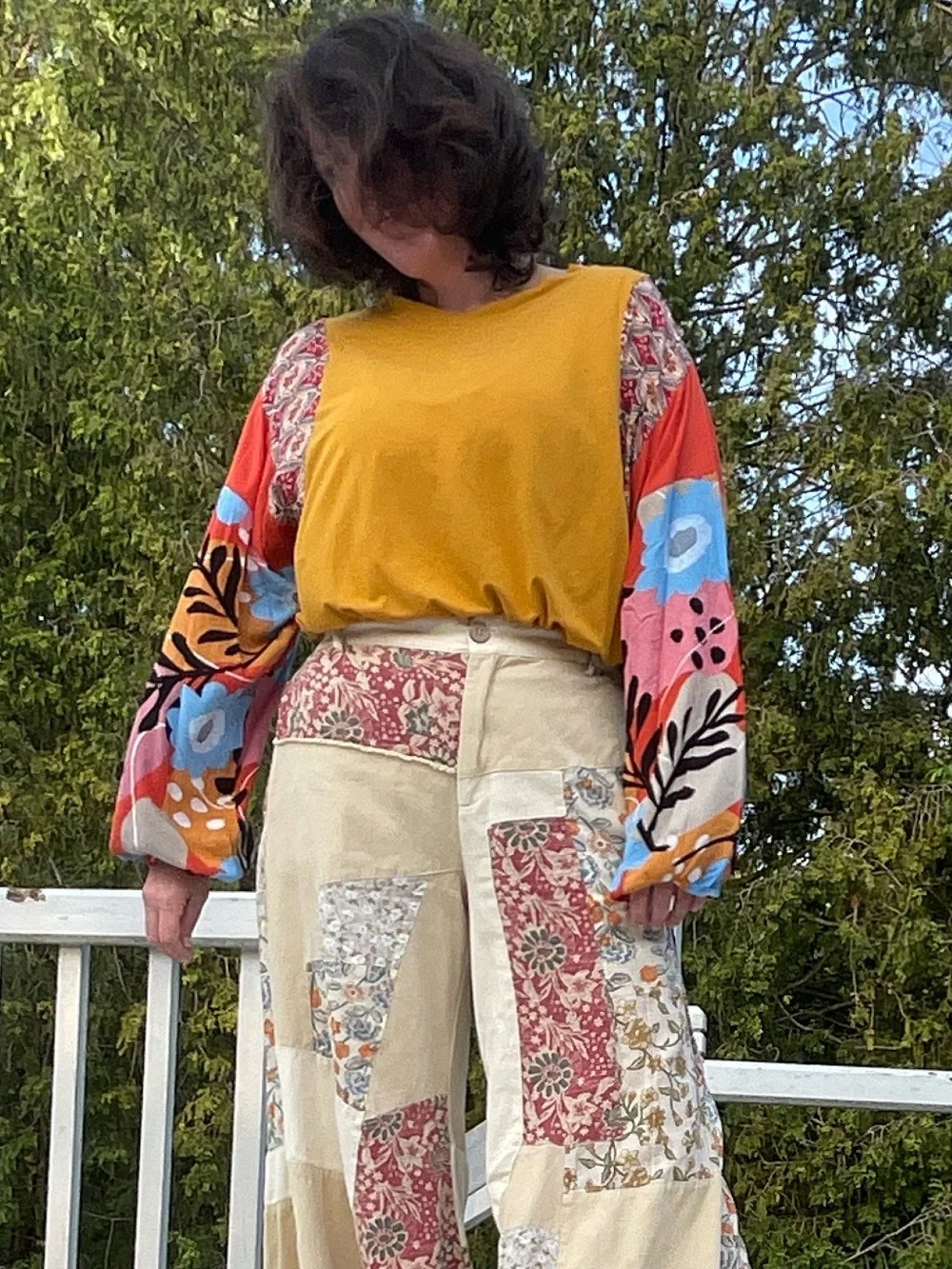 Easel Mustard Boho Mixed Print Balloon Sleeve Top Small Oversized